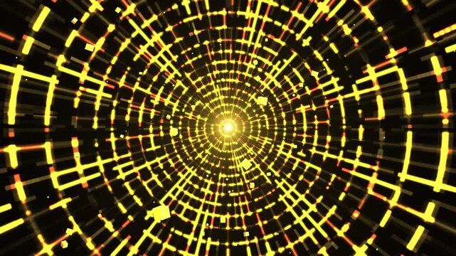 Golden Futuristic Network Tunnel with Light Burst, Abstract Cyberspace Loop Animation, Technology Background, hit impact effect, slash, flash transition,Digital Tech Rings, dust and particle explosion