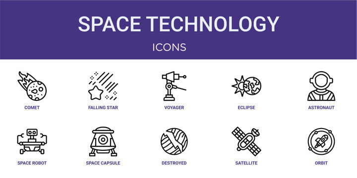 Set of 10 thin line Space Technology icons for dashboards, websites and mobile app layouts. Editable outline vector pack featuring comet, voyager, astronaut, space capsule and orbit.