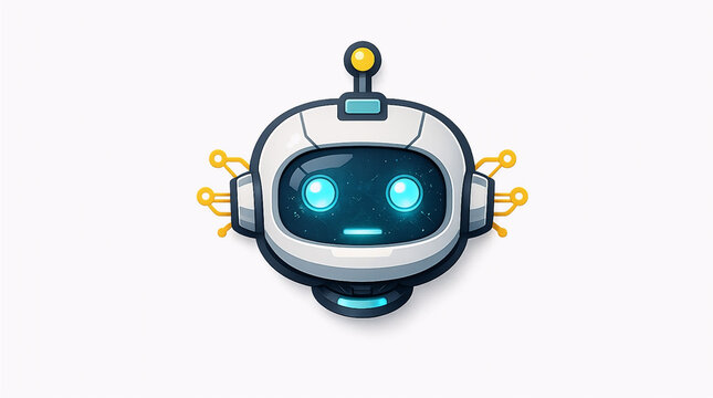 Advanced artificial intelligence bot icon, Cute futuristic robot head icon with glowing blue eyes, Friendly AI assistant robot character face, Minimalist vector style robot head illustration