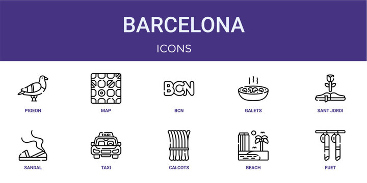 Set of 10 thin line Barcelona icons for dashboards, websites and mobile app layouts. Editable outline vector pack featuring pigeon, bcn, sant jordi, taxi and fuet.