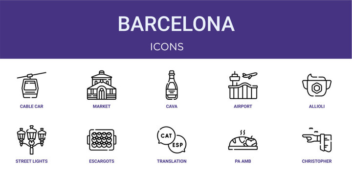 Set of 10 thin line Barcelona icons for dashboards, websites and mobile app layouts. Editable outline vector pack featuring cable car cabin, cava, allioli, escargots and christopher columbus.