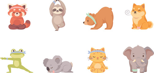 Obraz premium Cute Cartoon Animals Doing Yoga and Meditation Vector Set Featuring Red Panda, Sloth, Bear, Dog, Frog, Koala, Cat, and Elephant for Wellness Designs