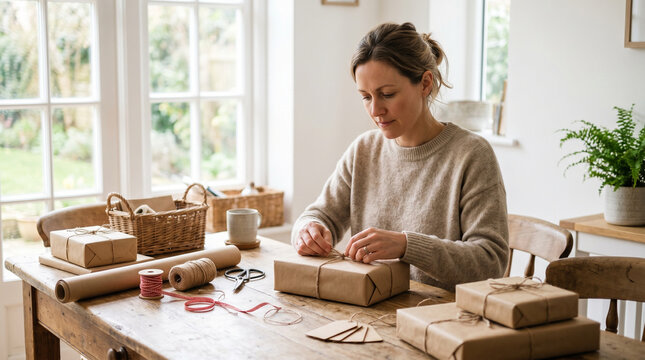 Woman wrapping gift boxes at home table