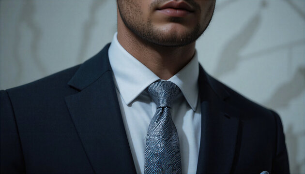 Detailed view of a dapper man in an elegant suit complemented by a fashionable tie set against a softly textured backdrop