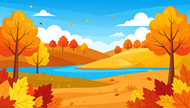 Pixel art landscape in autumn colors, rolling hills, blue lake, and trees with orange and yellow leaves falling, sunny day with clouds