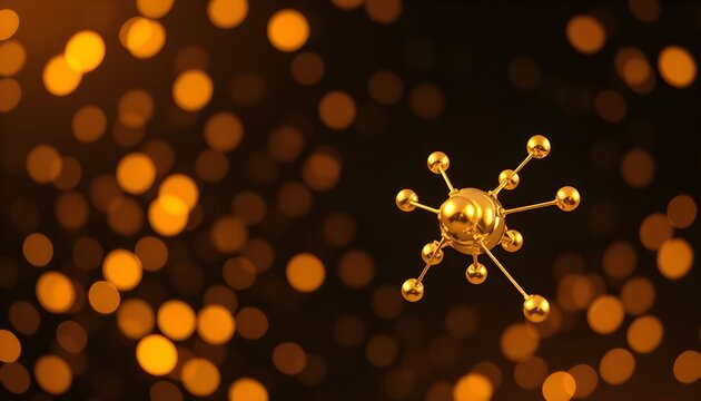 Golden virus particle floats amidst blurred orange lights in dark space