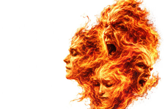 Fiery faces expressing anger on white background. Space for text.