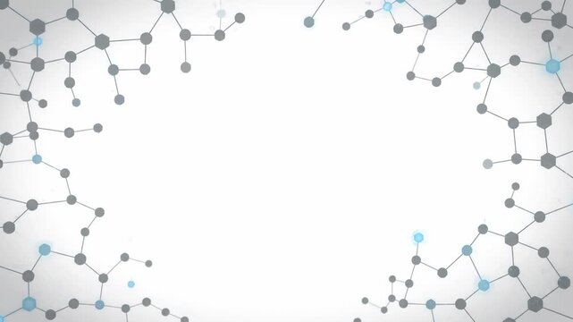 Molecular structure border with blue and gray atoms on white background