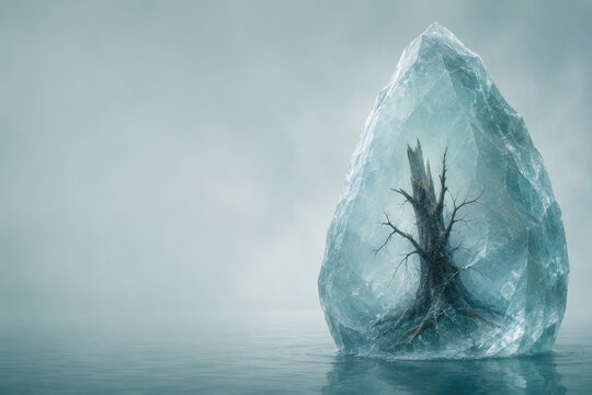 Frozen tree trapped inside a large transparent ice block. Space for text.