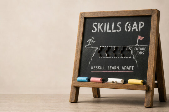 Chalkboard showing skills gap and future jobs message. Space for text.