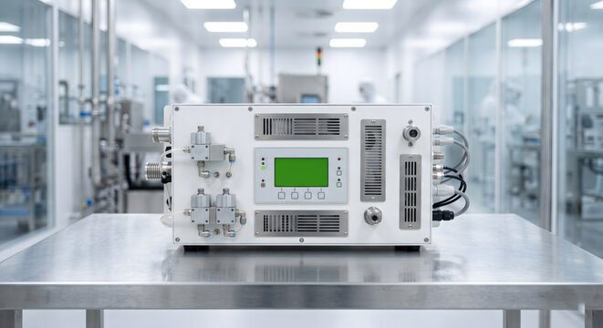 Industrial white electronic control box unit placed on stainless steel table in sterile laboratory.