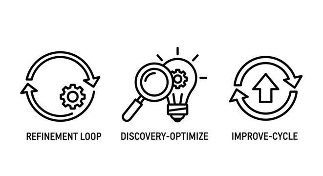 Set of business process and improvement icons featuring refinement discovery optimize and improve cycle refinement discovery optimize improvement business optimization management strategy