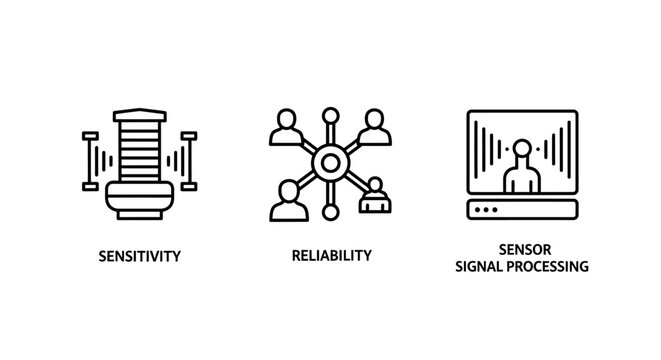 Line art icons representing sensor sensitivity system reliability signal processing with sensitivity reliability processing technology connectivity electronics communication infrastructure