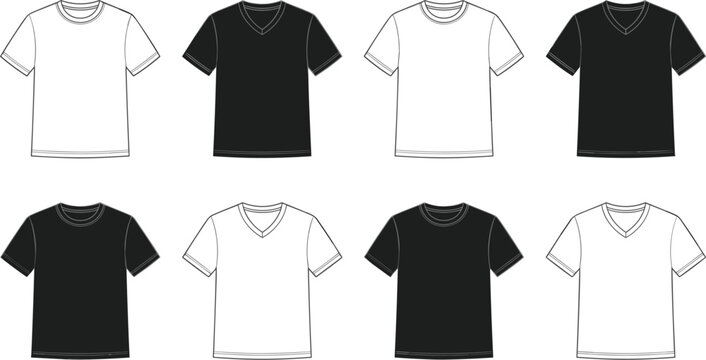 Blank Crew Neck and V Neck T Shirt Vector Technical Flat Sketch Set Featuring Black and White Mockup Templates for Apparel Branding Designs