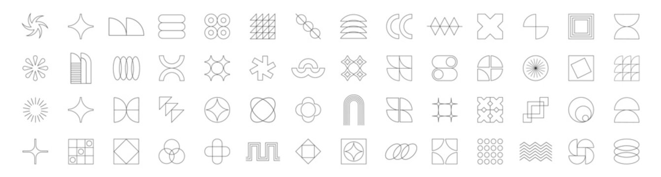 Abstract geometric icon set with editable outline shapes grid patterns and interface elements