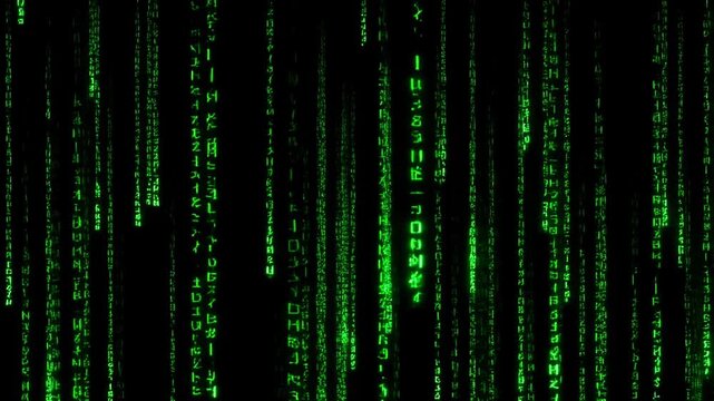 Green binary code streaming down a black background in a digital rain effect
