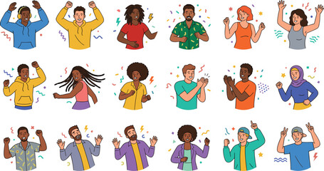 Fototapeta premium Diverse Group of People Dancing and Celebrating Vector Illustration Set with Happy Multiracial Characters for Party and Festive Event Graphic Designs