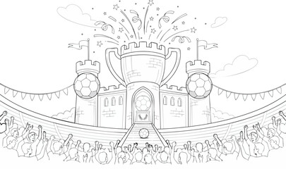 Stadium crowd cheering for soccer tournament trophy designed as castle with footballs and fireworks for coloring book. © Zahangir