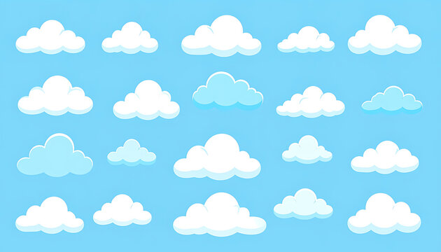 Pixel art clouds collection, fluffy white and blue shapes on a light sky background, digital illustration