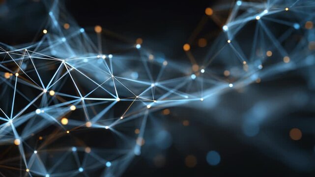 Abstract digital network background with glowing connections and nodes, representing futuristic technology and data transfer. Dynamic lines and dots create a sense of innovation and connectivity