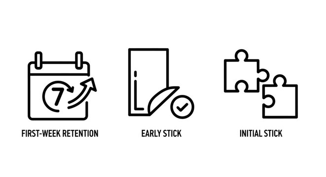 Business metrics icons set including first-week retention early stick and initial stick concepts with retention calendar business strategy marketing analytics customer development engagement