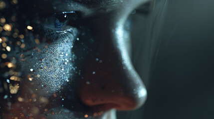 Obraz premium Close-up human face profile dissolving into golden and silver glowing particles on dark blue background