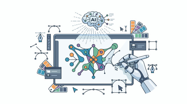 A robotic hand interacting with a computer screen displaying a vibrant neural network diagram surrounded by various desi