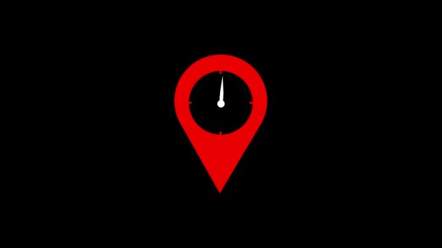 Red location pin with clock inside animation on black background.