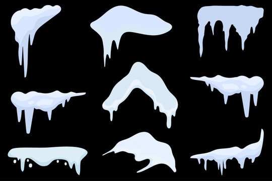 Melting Winter Icicles and Frozen Snow Caps Silhouette Collection on Black Background