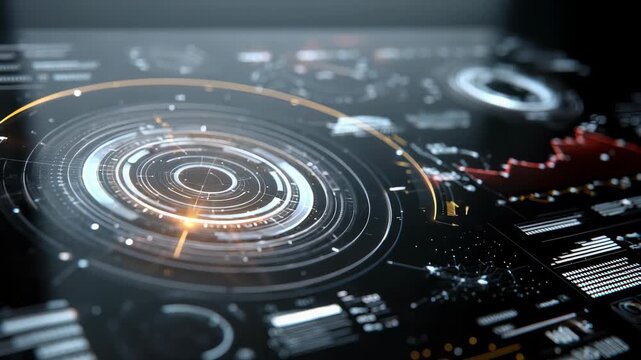 Futuristic digital dashboard interface with glowing circular HUD elements and data analytics charts. High tech virtual screen displaying advanced technology and cyber data visualization
