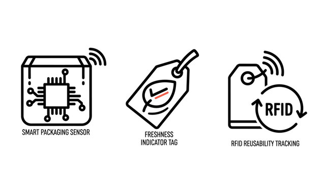 Rfid technology and asset tracking icon set with tracking technology wireless identification interface illustration monochrome isolated business connectivity inventory management automatic