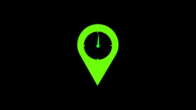 Animated green map pin marker containing a clock face showing passage of time icon.
