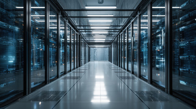 Modern data center server room corridor with blue glowing racks and reflective floor perspective view