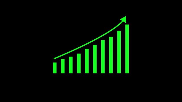 Animated green bar chart growing upwards with trend arrow on black background loop.