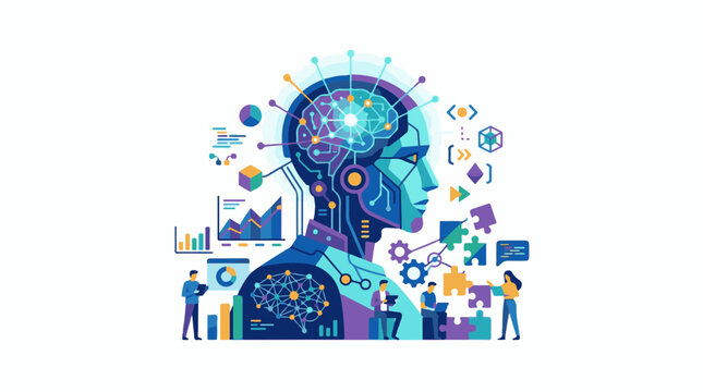 A colorful illustration of a human head with a brain made of circuits and people working around