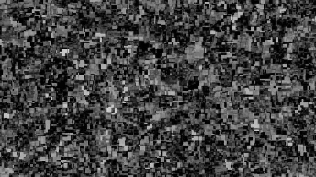 Abstract monochrome background featuring dynamic digital pixel noise pattern movement.