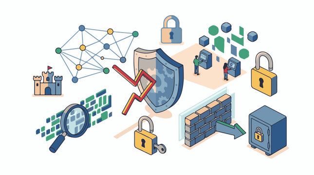 A computer-generated image depicting a safety shield with a broken line surrounded by various cybersecurity-related ico