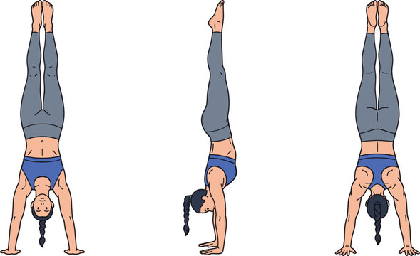 Yoga Handstand Pose Set Featuring a Woman Practicing Adho Mukha Vrksasana Balance Exercise from Front Side and Back Views Vector Illustration