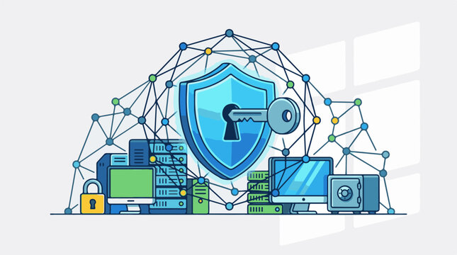 A digital illustration of a blue shield with a large key inserted surrounded by computer equipment and a network of lin