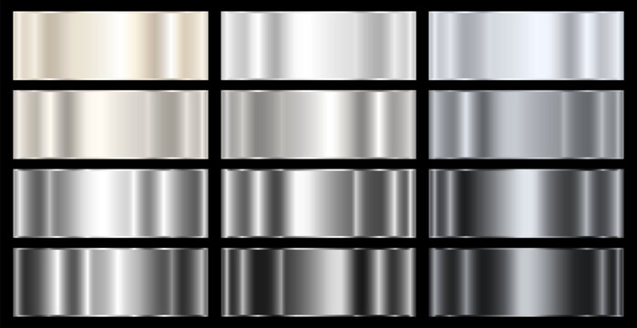 Set of silver and platinum gradients with a contour on a black background. Metallic gradient effects for text and infographic design. Collection of metal banners. Vector EPS 10.