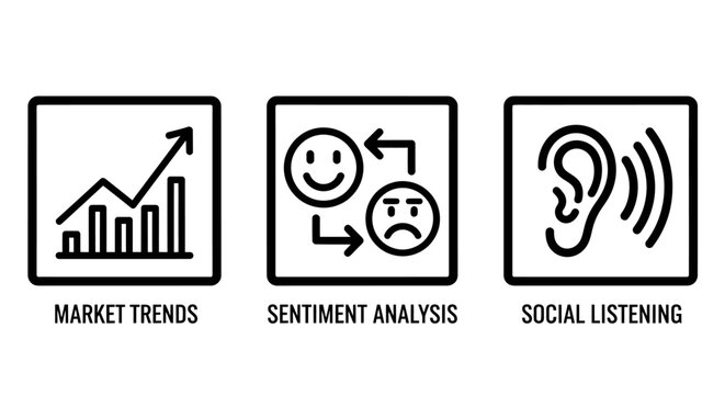 Market trends and sentiment analysis icons with sentiment analysis listening consumer business feedback customer behavior perception marketing intelligence strategy reporting research