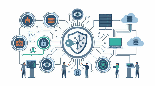 Illustration of cybersecurity concept with shield and people