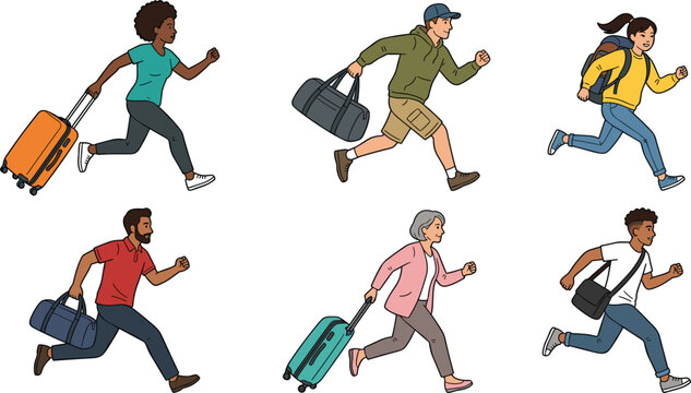 Diverse Group of People and Travelers Running in a Hurry with Luggage Suitcases Duffle Bags and Backpacks Vector Illustration