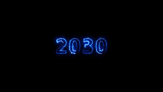 Neon blue electric 2030 text animation glowing digits on black background video.