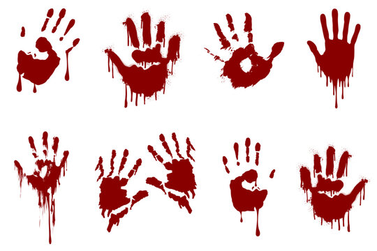 Red Bloody Handprints with Dripping Blood Silhouette Collection Isolated on White Background