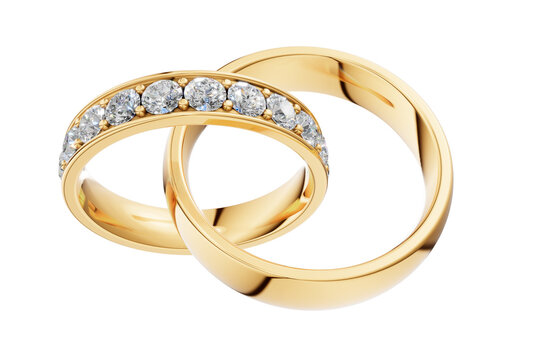 gold wedding rings with diamonds isolated on transparent background