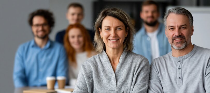 Diverse creative team gathered for presentation with blank board and copy space
