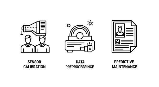 Smart manufacturing and predictive maintenance icons set featuring sensor calibration data preprocessing maintenance plan data processing technical support