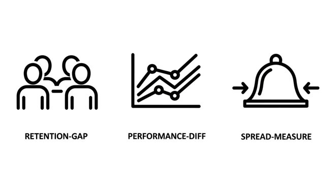Business analytics and metrics icons set depicting retention gap performance out spread measure with business intelligence success metrics data analysis analytics performance business retention
