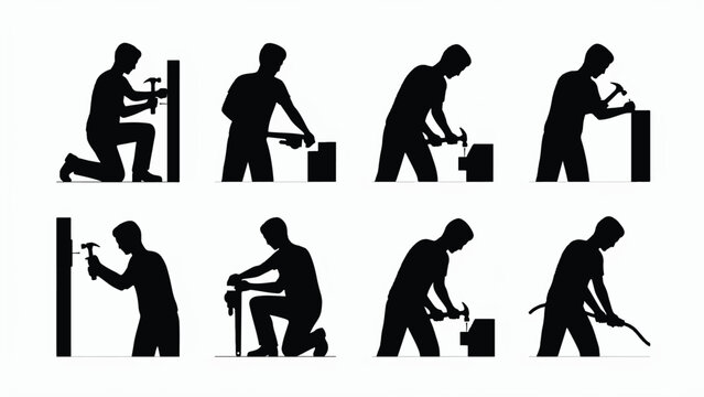 Silhouette of a man working with hammer and tools in various construction poses